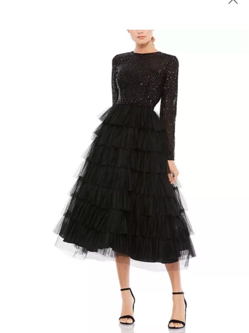 NWT Lena for Mac Duggal Black Sequined Layered Tulle A Line Cocktail Dress